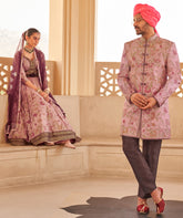 Exclusively for couple combo designer outfit in pure pv silk and foil print with deatiled handand mirrorwork
